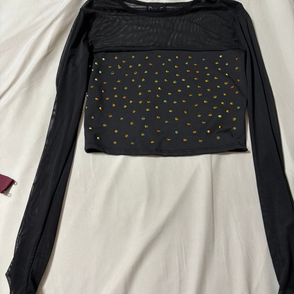 Fashion Nova Sheer Long Sleeve Top with Rhinestones